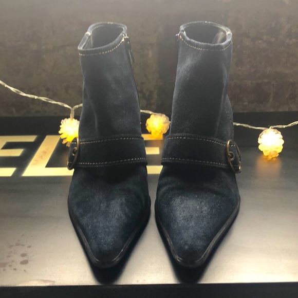 Vintage Andrew Stevens Blue Suede Booties, Size 7 - Picture 1 of 7